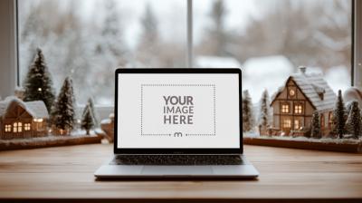 Laptop Screen Mockup in Room with Christmas Décor