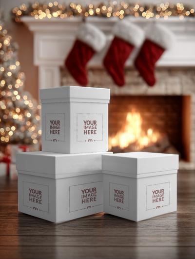 Stacked Gift Boxes Mockup in Christmas Room for Product Branding
