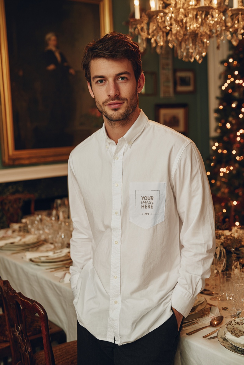 Shirt Pocket Mockup on Model with Christmas Background for Branding preview image