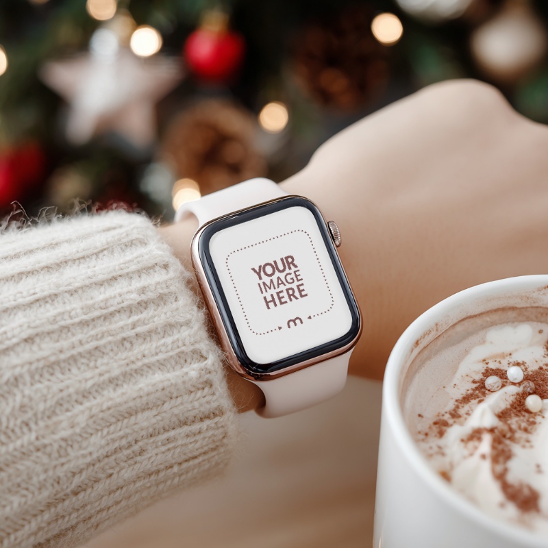 Smartwatch Face Mockup on Hand in Christmas Decor for Holiday Display preview image