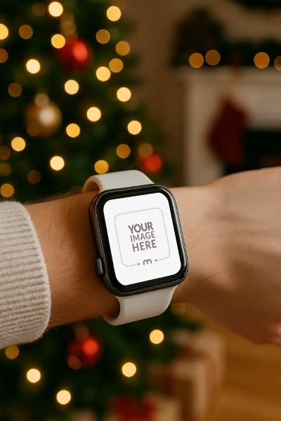 Smartwatch Mockup on Wrist with Christmas Background for UI Showcase