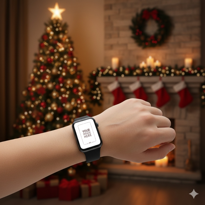 Smartwatch Mockup on Hand in Christmas Living Room preview image