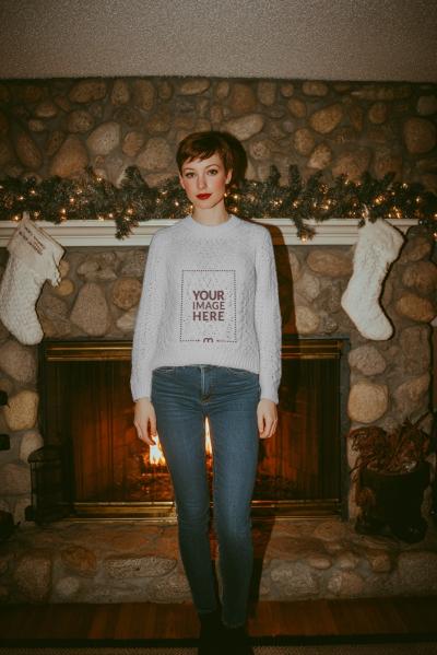 Sweater Mockup on Short-Haired Woman in Christmas Décor