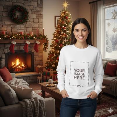 Sweater Mockup on Woman in Christmas Living Room for Winter Style