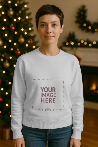 Sweater Mockup on Woman with Short Hair and Christmas Decor for Style