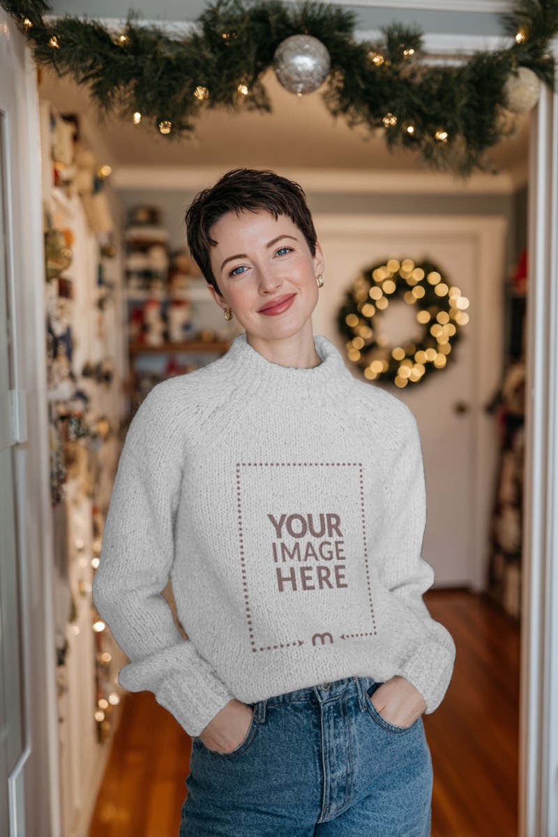 Sweater Mockup on Woman in Casual Jeans for Christmas Outfits preview image