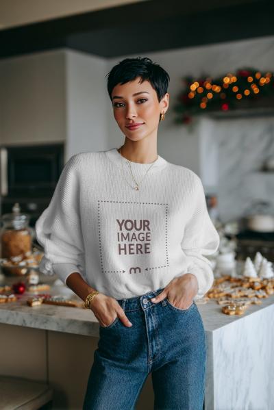 Sweater Mockup on Woman in Pose with Christmas Decors