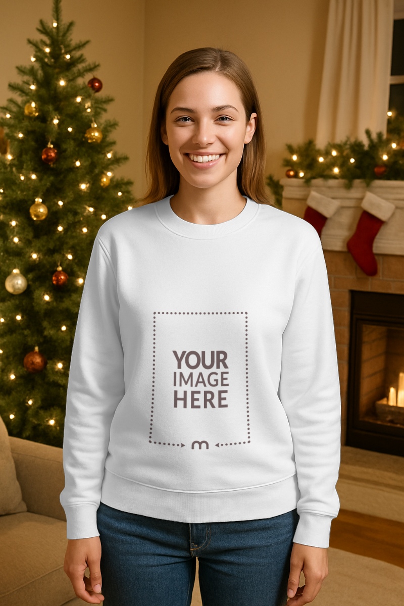 Sweatshirt Mockup on Woman Standing with Christmas Décor preview image