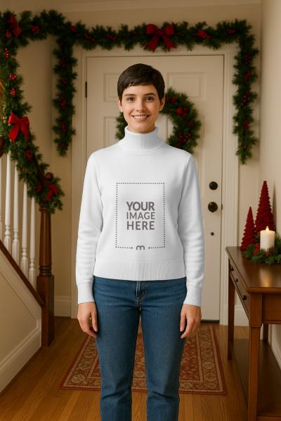 Turtleneck Mockup with Short-Haired Woman in Christmas Themed Scene