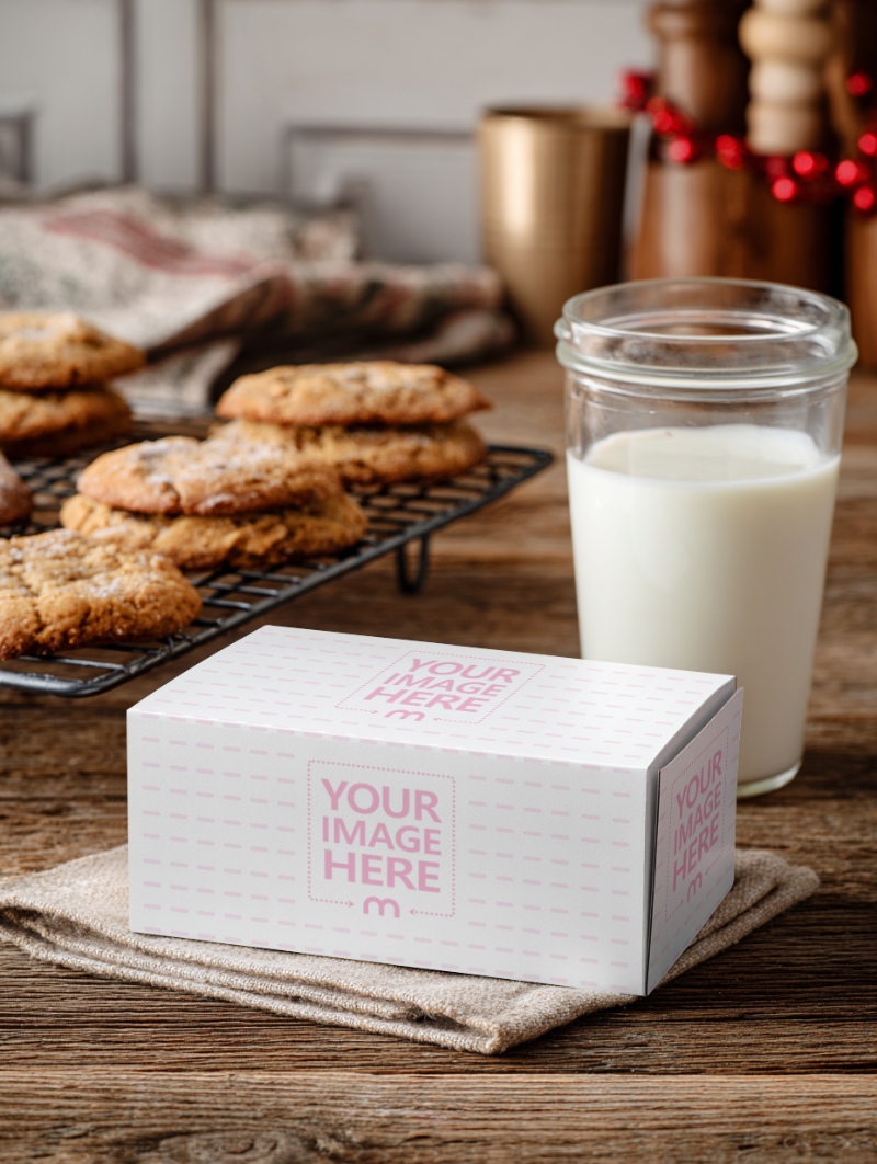 Packaging Box Mockup on Table with Milk and Cookies for Christmas preview image