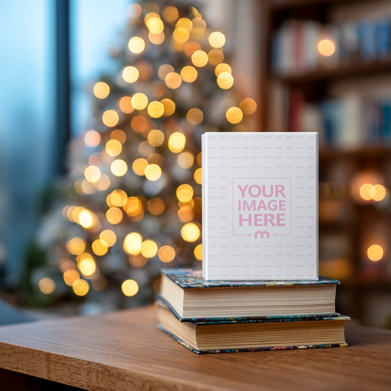 Book Cover Mockup on Stacked Books with Christmas Background preview image