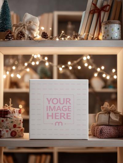 Box Mockup on Table Surrounded by Decor for Christmas Gift Presentation