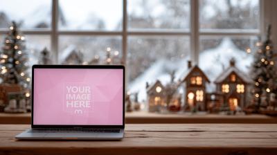 Laptop Screen Mockup on Table with Christmas Décor