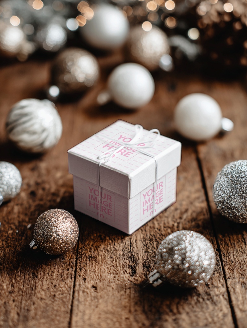 Gift Box Mockup with Ribbon and Decor for Christmas Items preview image