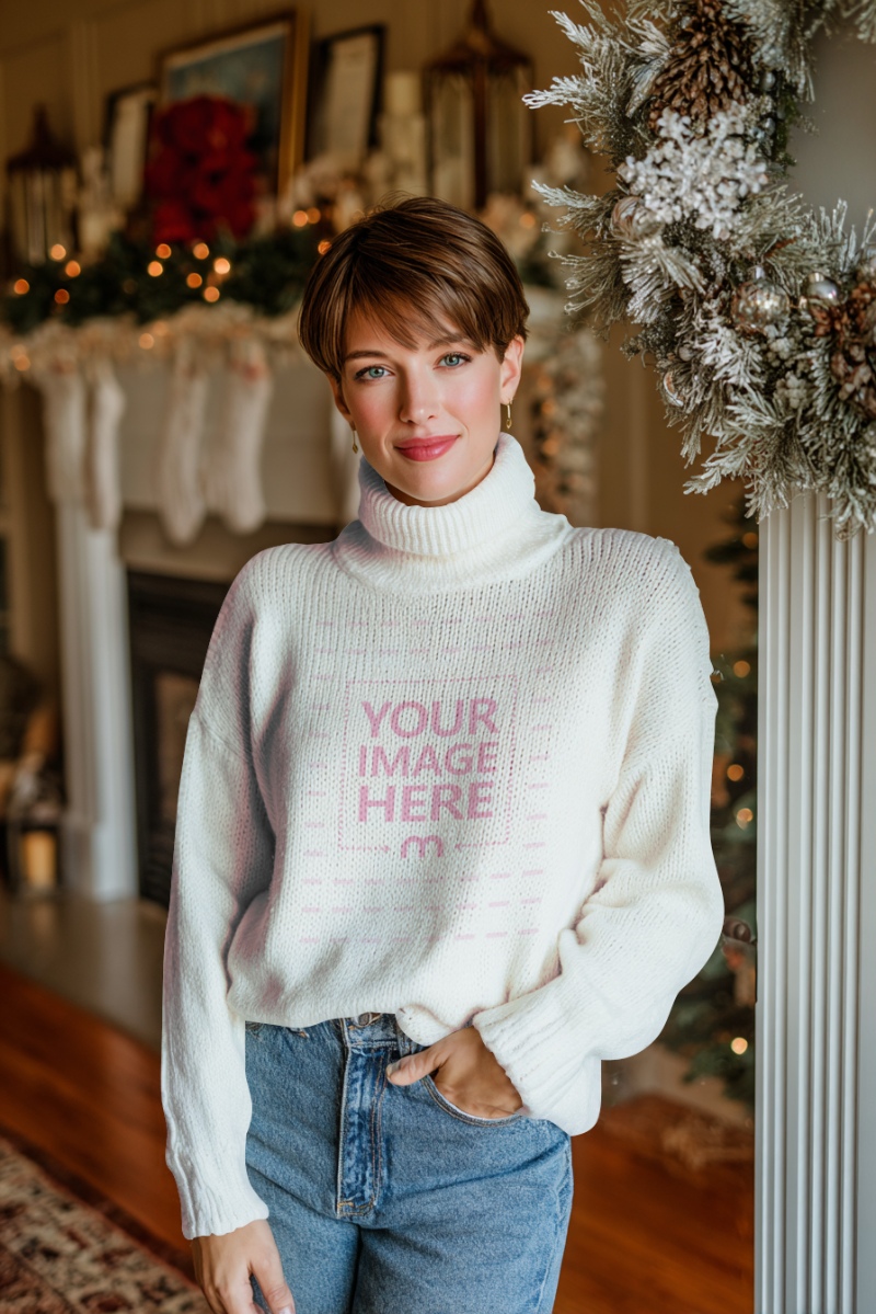 Sweatshirt Mockup with Smiling Woman with Christmas Décor preview image