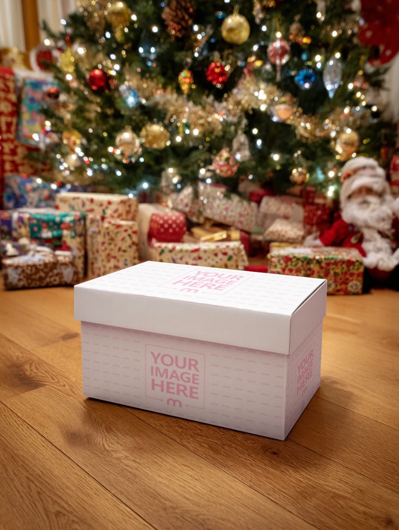 Shoe Box Mockup on Wooden Floor with Decor for Christmas Packaging preview image