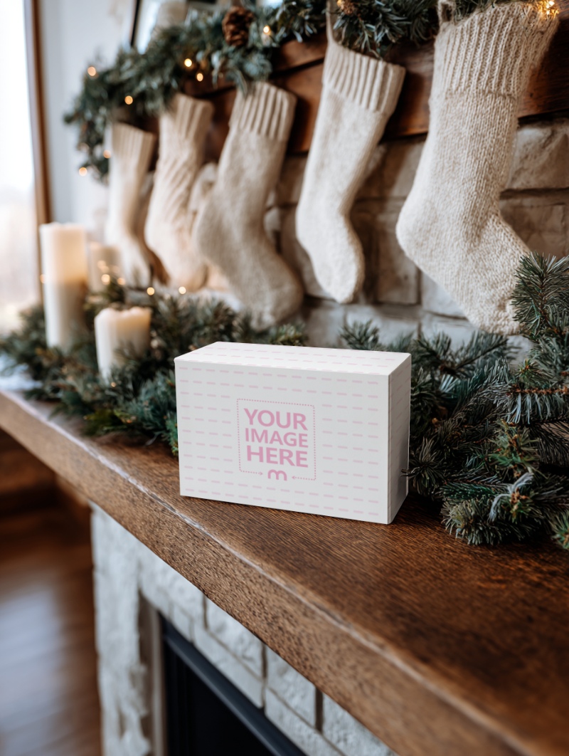 Gift Box Mockup by Fireplace with Christmas Decor for Holiday Gifts preview image