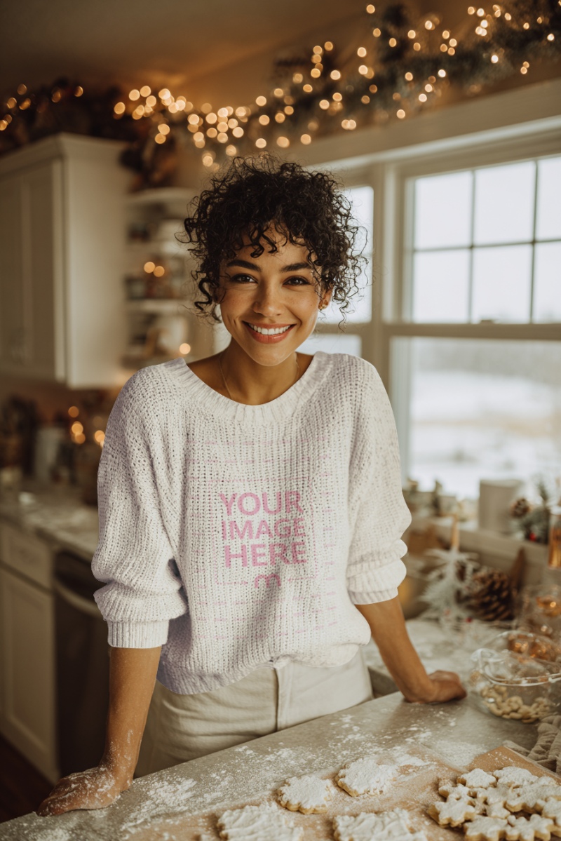 Knitted Sweatshirt Mockup with Woman in Christmas Kitchen Home preview image