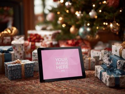 Tablet Mockup on Table with Bokeh Gift Boxes for Christmas