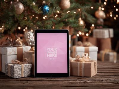 Tablet Mockup with Gift Boxes Around for Christmas Holiday