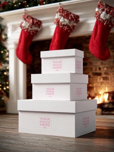 Three Stacked Boxes Mockup with Christmas Décor for Holiday Packaging