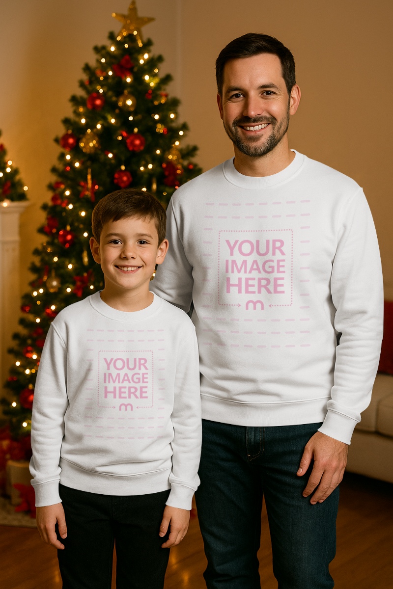 Sweatshirt Mockup with Man and Kid Smiling by Christmas Tree Decor preview image