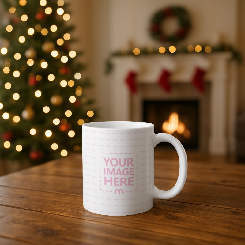Mug Mockup on Wooden Table with Christmas Decor preview image