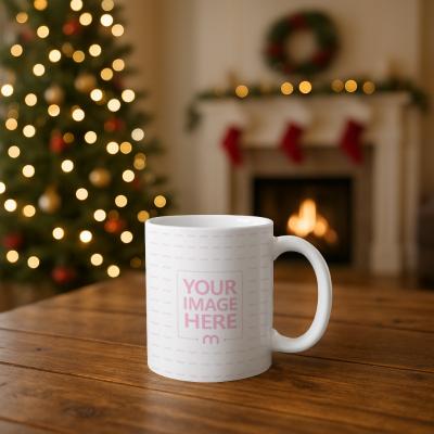 Mug Mockup on Wooden Table with Christmas Decor