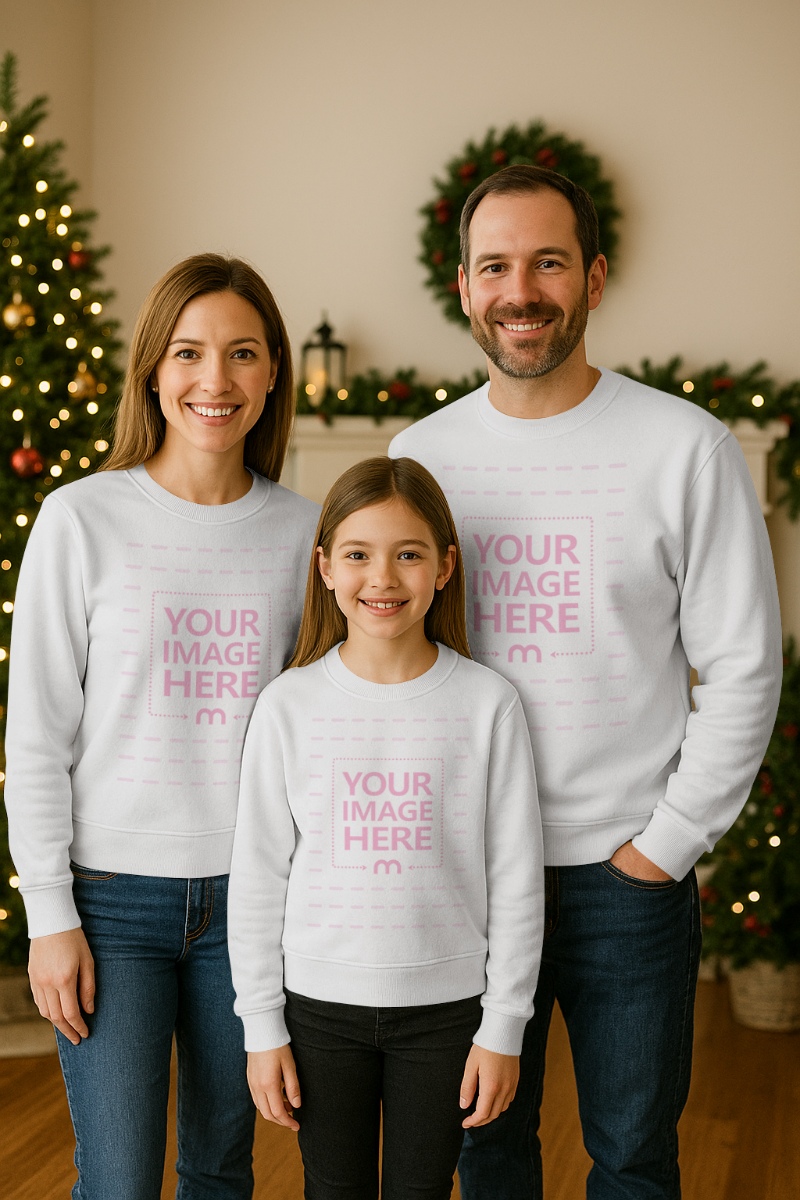 Family Sweatshirt Mockup with Parents and Child in Christmas Room Decor preview image