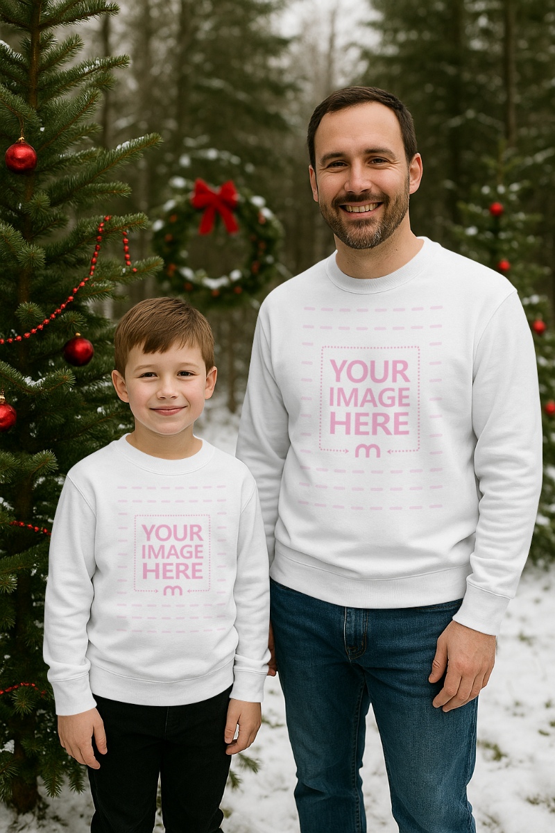Sweatshirt Mockup with Man and Kid Outdoors in Christmas Background preview image