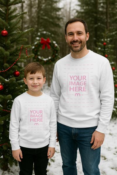 Sweatshirt Mockup with Man and Kid Outdoors in Christmas Background
