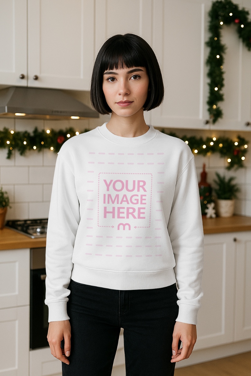 Sweatshirt Mockup with Woman in Christmas Background Decor preview image