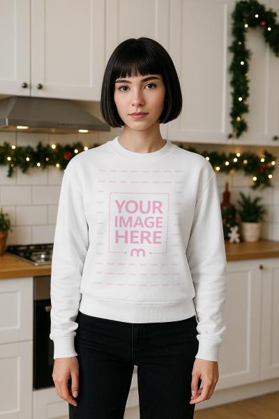 Sweatshirt Mockup with Woman in Christmas Background Decor