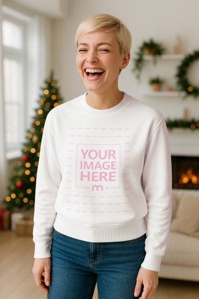 Sweatshirt Mockup with Smiling Woman in Christmas Decor Background