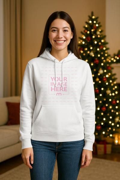 Sweatshirt Mockup with Smiling Woman in Christmas Background