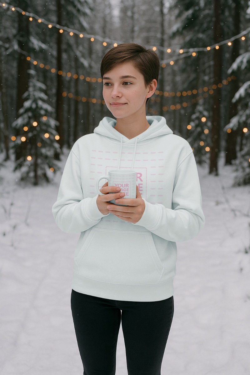 Hoodie and Mug Mockup with Woman Posing in Outdoor Snowy Christmas preview image