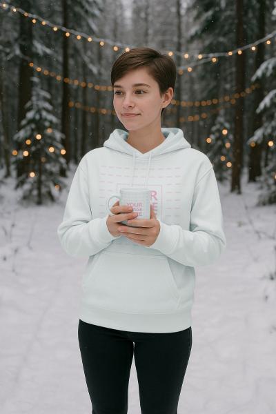 Hoodie and Mug Mockup with Woman Posing in Outdoor Snowy Christmas