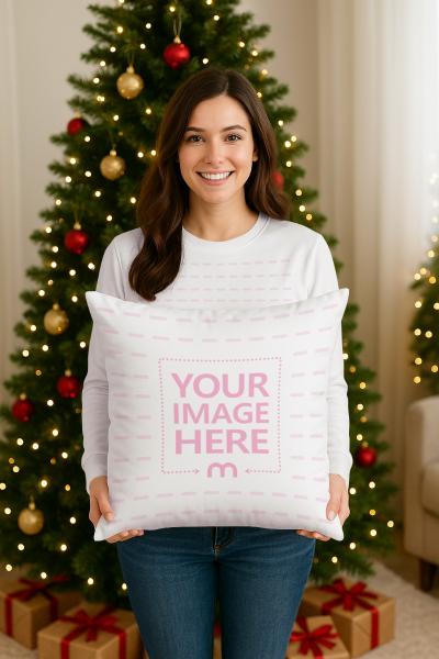 Pillow and Sweatshirt Mockup with Woman in front of Christmas Decor