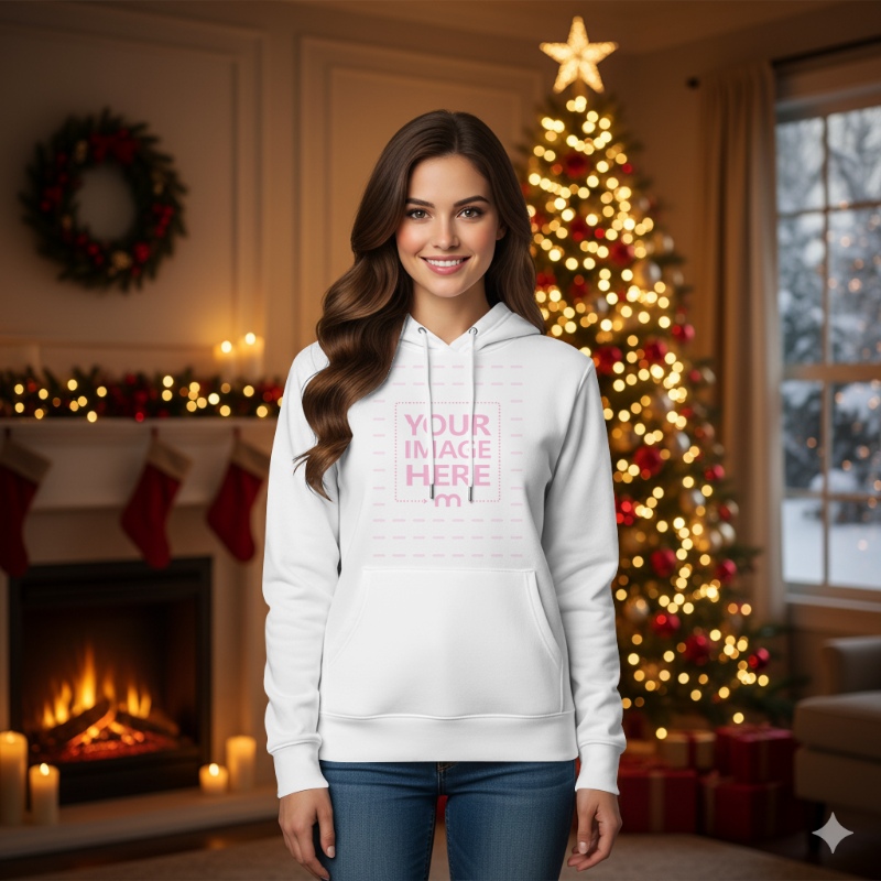 Sweatshirt Mockup with Woman in Indoor Christmas Scene preview image
