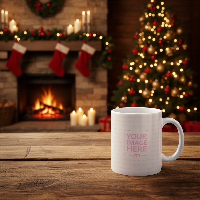 Mug Mockup on Table with Festive Elements for Christmas Beverage preview image