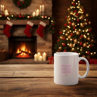 Mug Mockup on Table with Festive Elements for Christmas Beverage