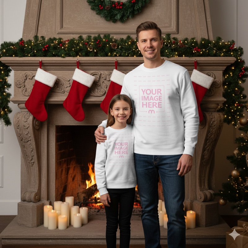Sweatshirt Mockup with Father and Daughter in Festive Christmas Décor preview image