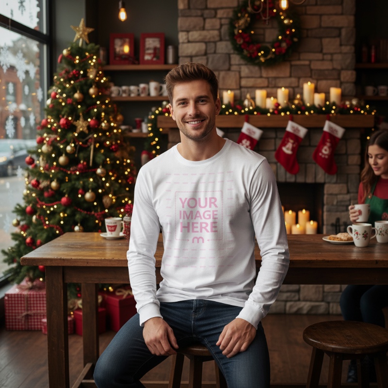 Sweatshirt Mockup with Man Sitting at Café in Christmas Atmosphere preview image
