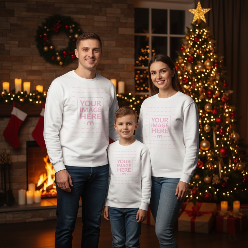 Family Sweatshirt Mockup with Parents and Son in Christmas Decor Room preview image