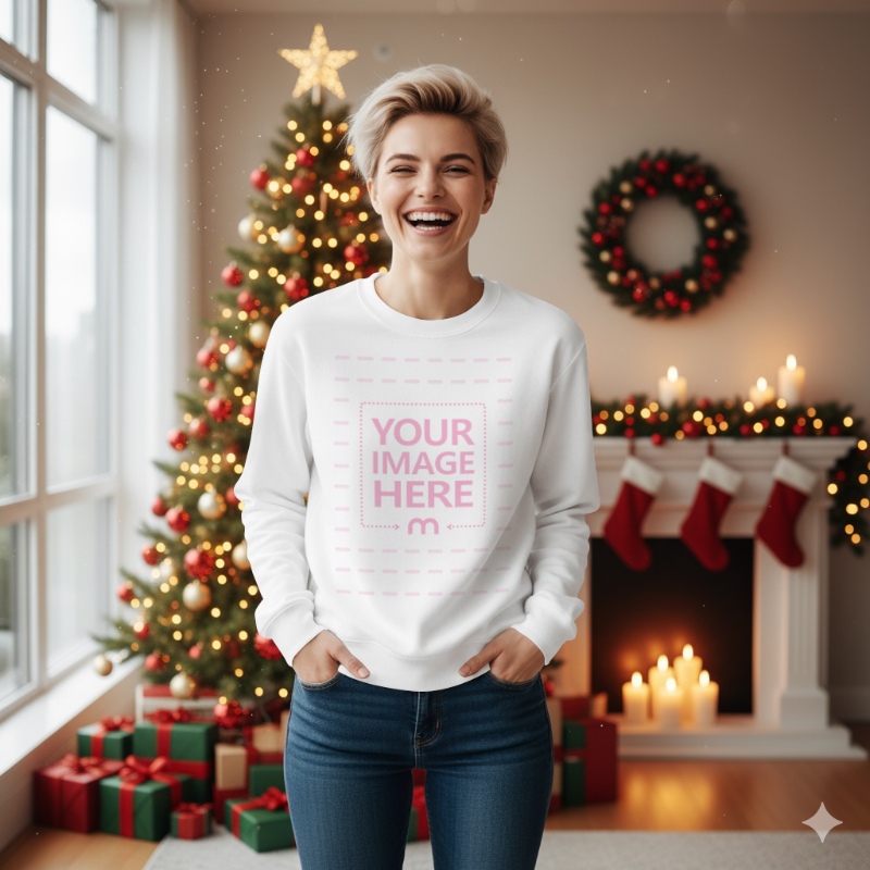 Sweatshirt Mockup with Smiling Woman in Indoor Christmas Scene preview image