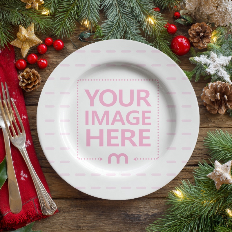 Plate Mockup on Wooden Table with Festive Elements for Christmas Decoration preview image