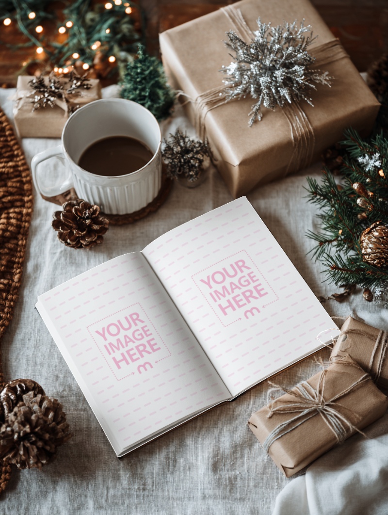Open Book Mockup on Christmas Décor for Reading Display preview image
