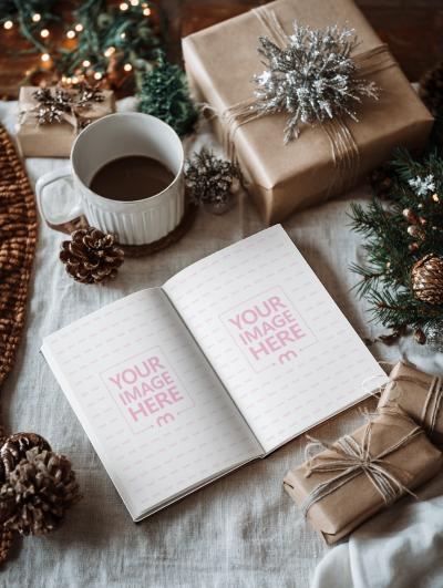 Open Book Mockup on Christmas Décor for Reading Display