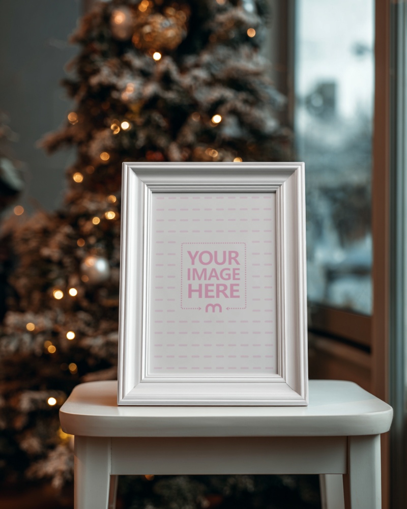 Photo Frame Mockup on White Tabletop with Christmas Décor preview image