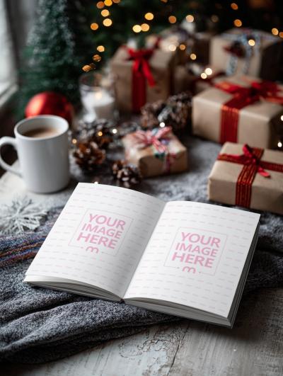 Open Book Mockup on Cloth for Christmas Reading Display